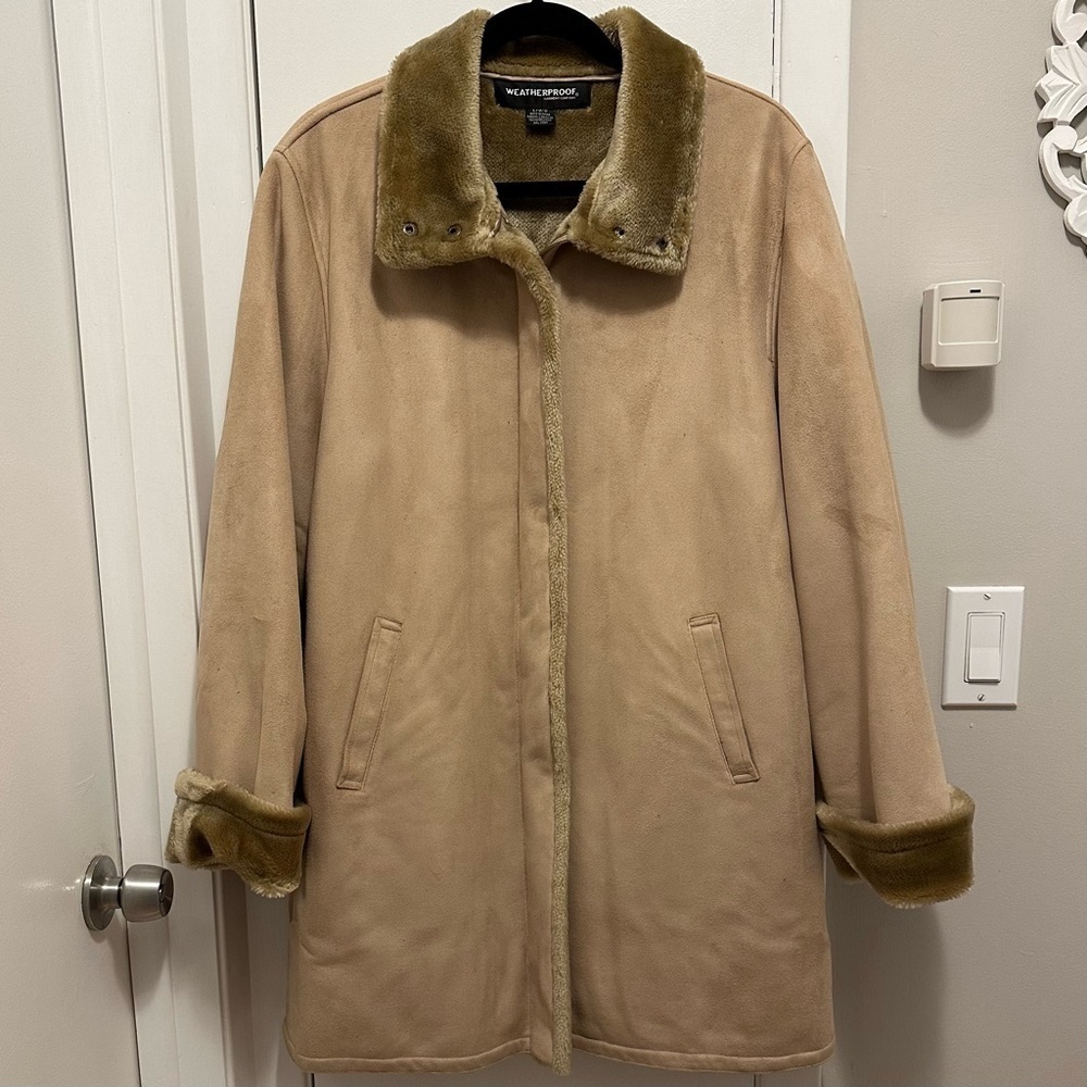 Weatherproof L Soft Faux Fur Lined Jacket Coat Collared Tan Zip Snaps Pocket
